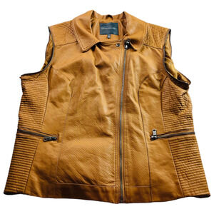 Kate & Mallory Womens Sleeveless Faux Leather Full Zip Vest Jacket Brown Large